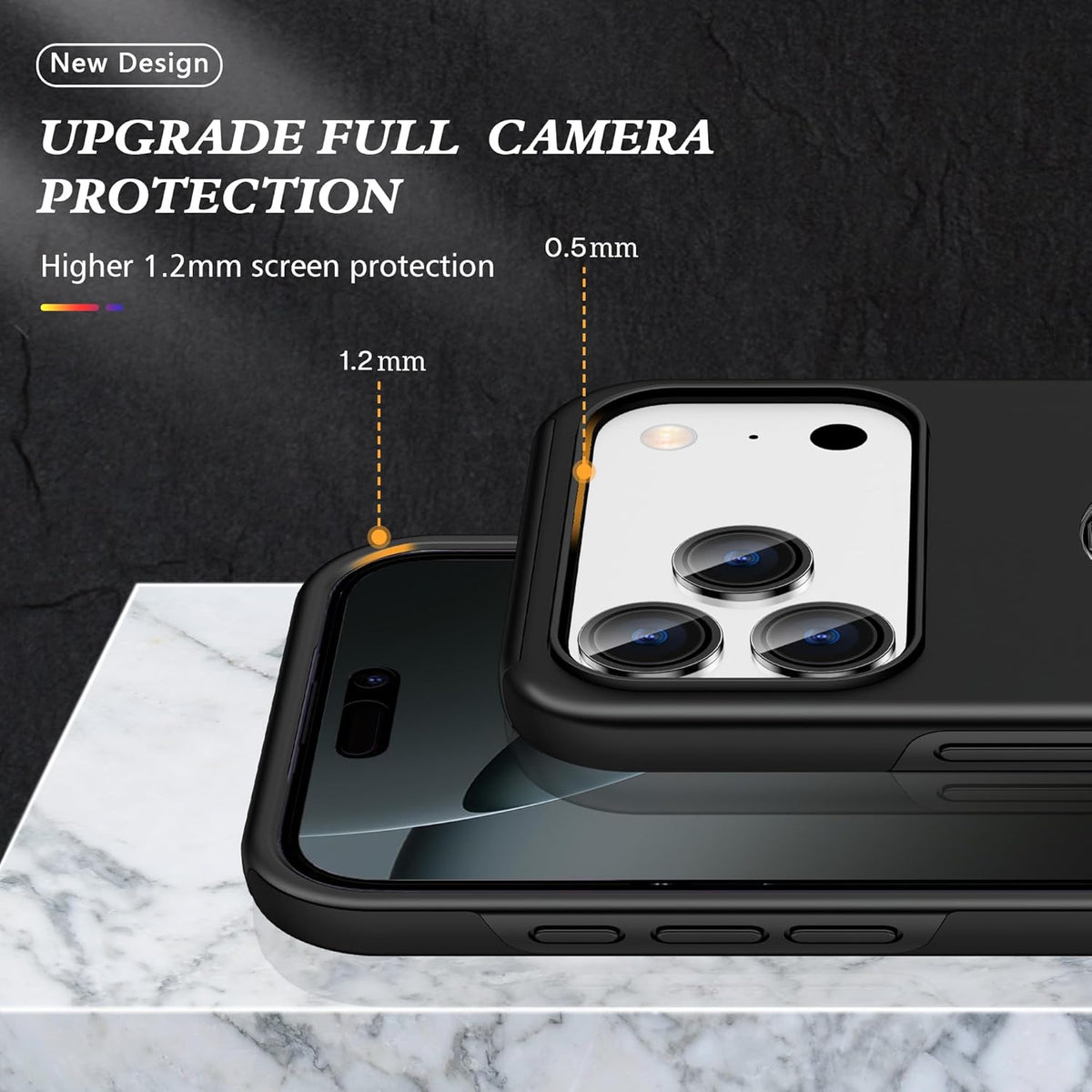 Black phone case with raised camera bezel and bumper edges, magnetic ring stand