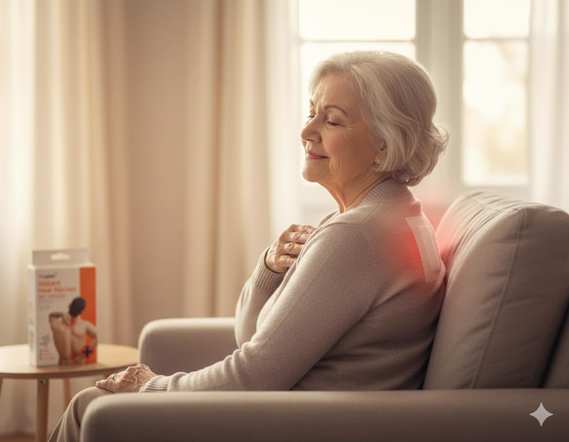 Self-adhesive instant heat shoulder patch on seated woman