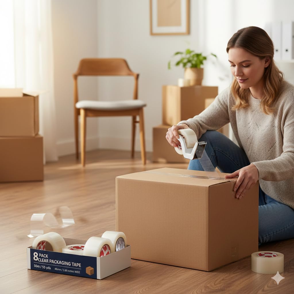 Clear wide packing tape roll and box sealing on a cardboard parcel indoors