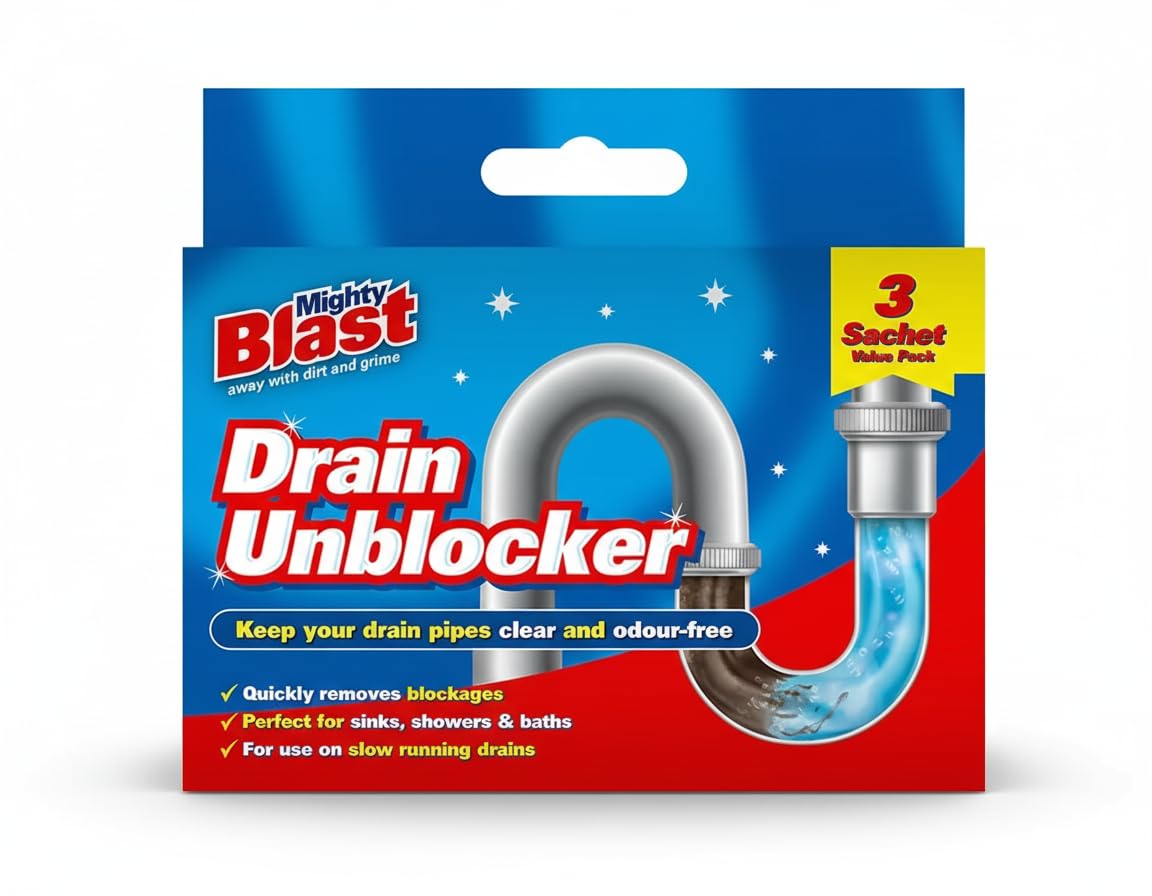 Blue Drain Unblocker box with 3 sachet pack and plastic spout graphic