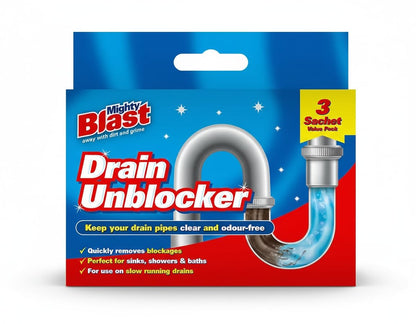 Blue Drain Unblocker box with 3 sachet pack and plastic spout graphic