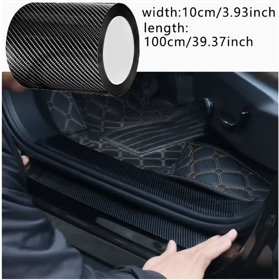 Car interior door sill protected with dark carbon fiber film strip, width/length shown