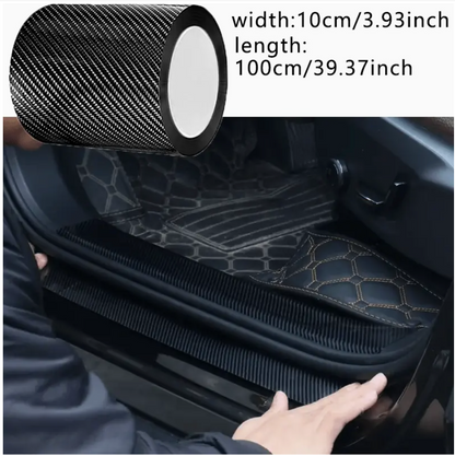 Car interior door sill protected with dark carbon fiber film strip, width/length shown