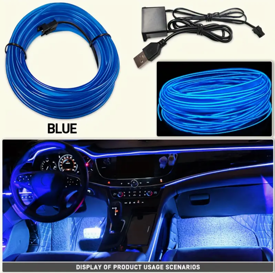 Blue USB LED neon light strip kit with USB cable and blue-lit car interior scene