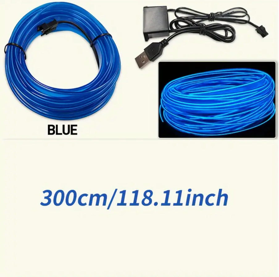 Blue USB LED neon light strip, coiled 300cm, with USB cable and power adapter