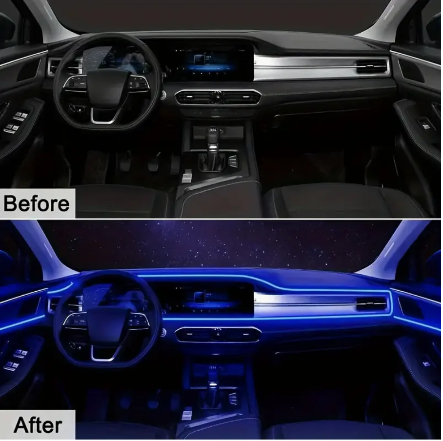 Blue USB LED neon light strip installed along car dashboard trim in blue glow