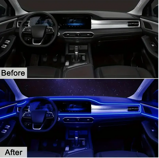 Blue USB LED neon light strip installed along car dashboard trim in blue glow