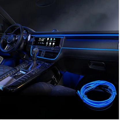 Blue USB LED neon light strip with controller and coiled wire on car console
