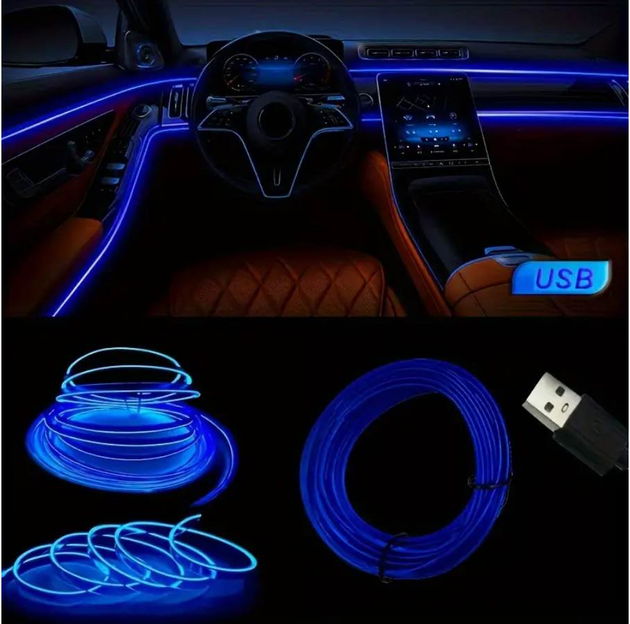 Blue USB LED neon light strip kit with coiled cable pieces in car interior