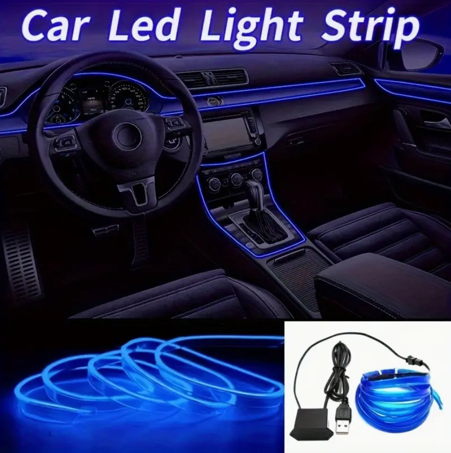 Blue car LED light strip kit with coiled strip, USB plug, and power adapter