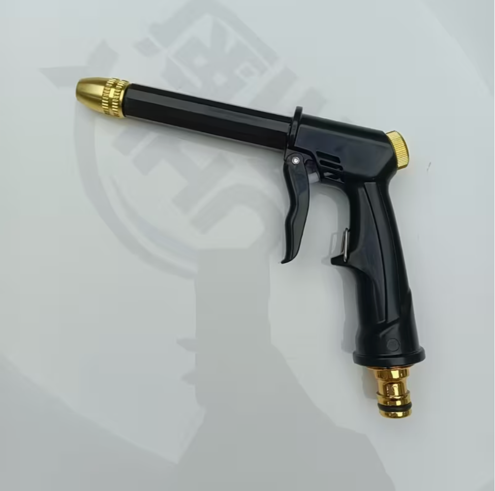 Black high-pressure washer spray gun with gold brass connectors and pistol trigger handle.