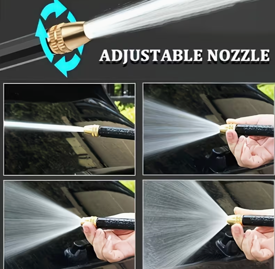 Adjustable nozzle pressure washer gun with white spray jet and gold tip collar.
