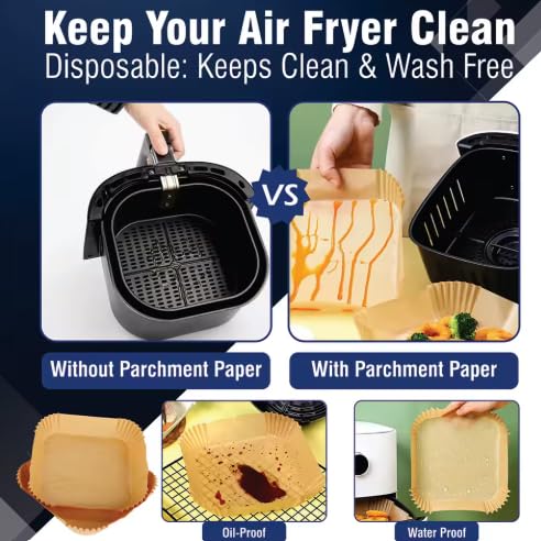 Disposable air fryer parchment sheet liner placed on basket with food, oil-proof style