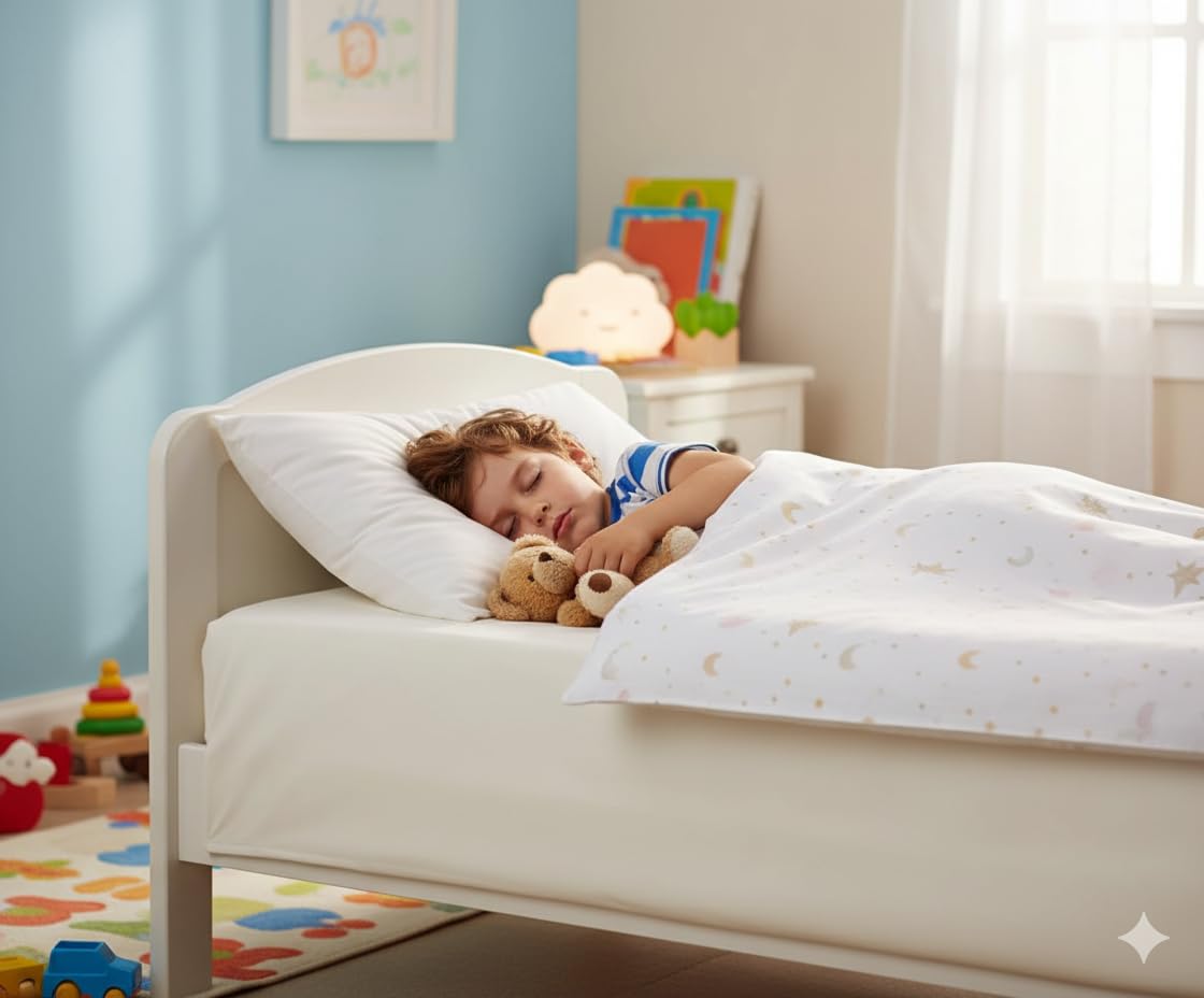 White waterproof mattress cover sheet on bed with sleeping child and toy