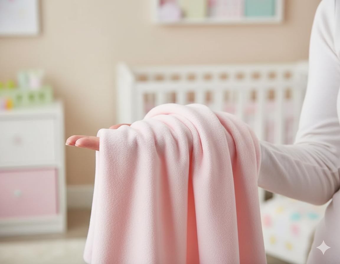 Light pink fleece baby blanket draped over hands, soft plush texture.