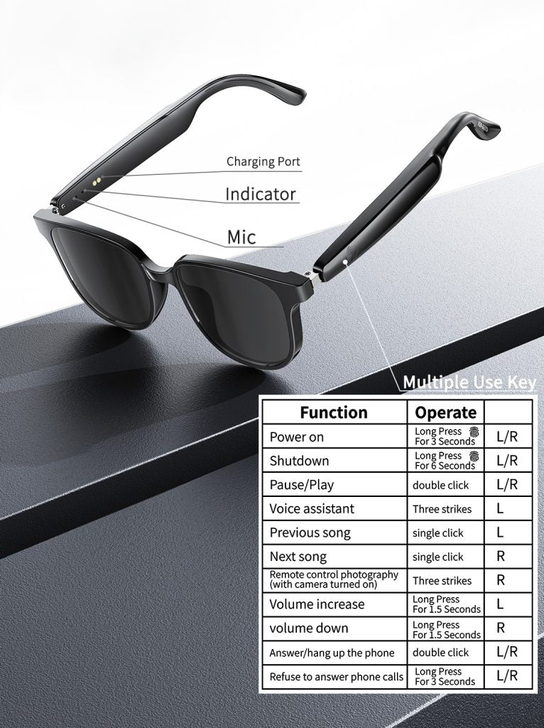 Black Bluetooth audio sunglasses with visible mic and charging port on the temples