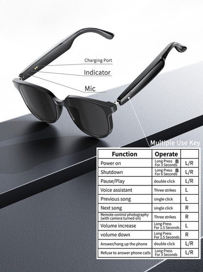 Black Bluetooth audio sunglasses with visible mic and charging port on the temples
