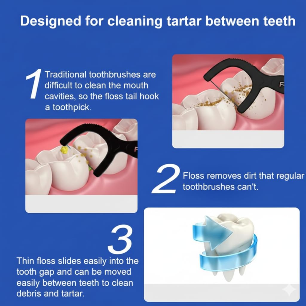 Dental floss pick design infographic for cleaning tartar between teeth