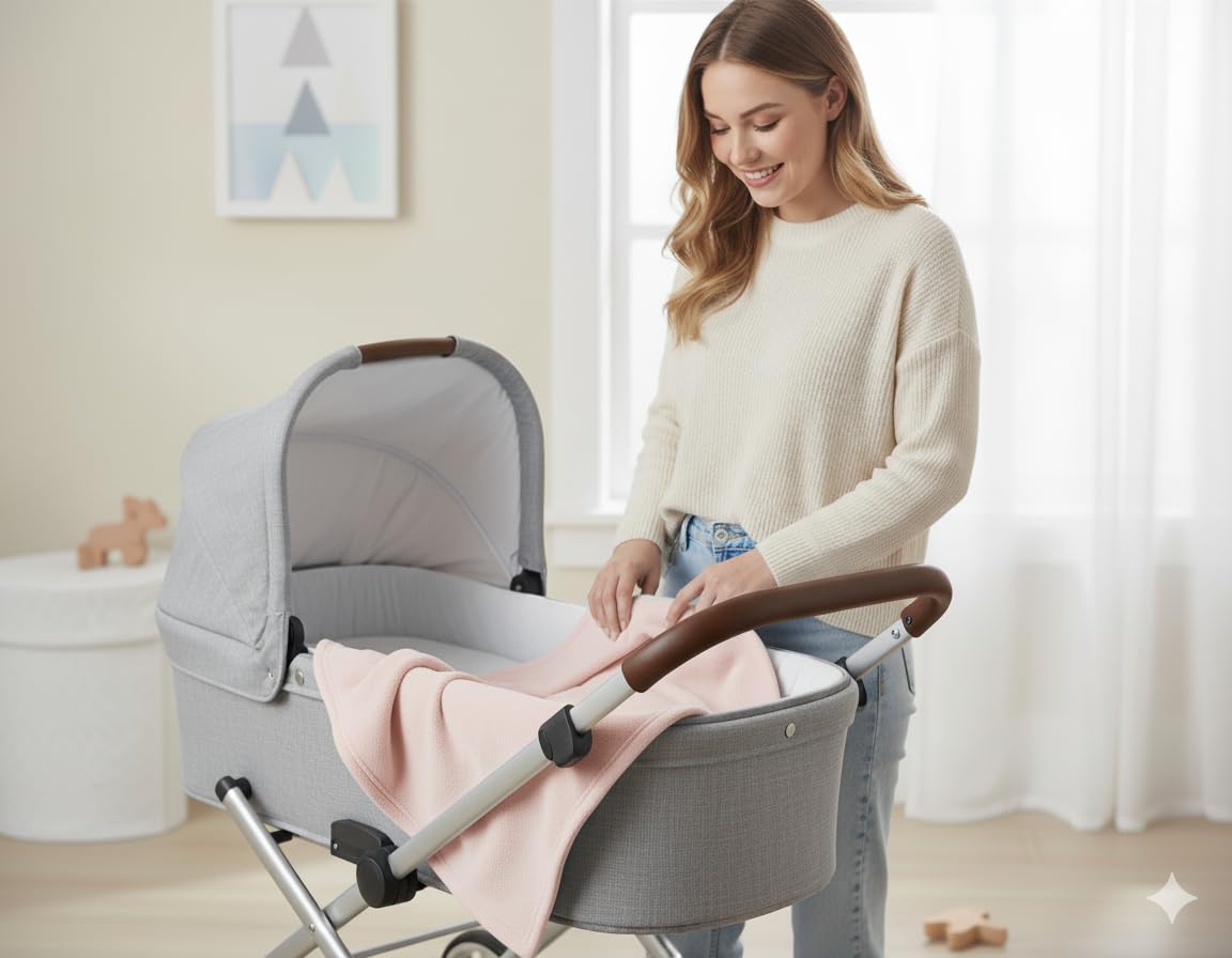 Pink fleece baby blanket over a stroller seat
