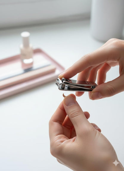 Nail clippers held in hands, trimming a fingernail close-up