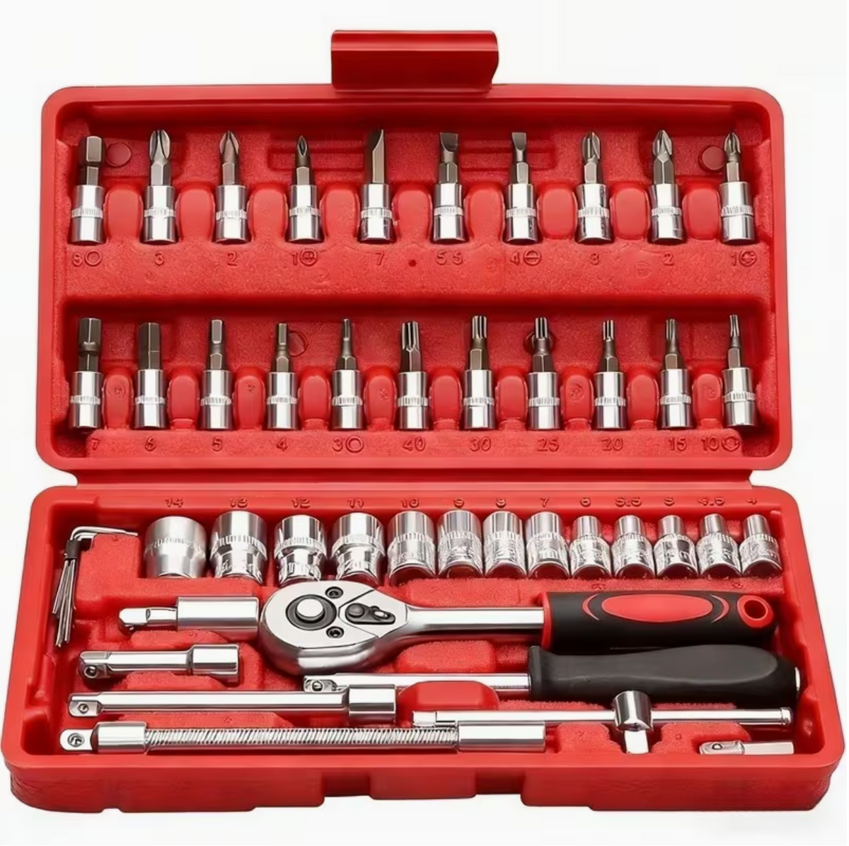 Red organizer socket set with chrome sockets and ratchet with red handle accents