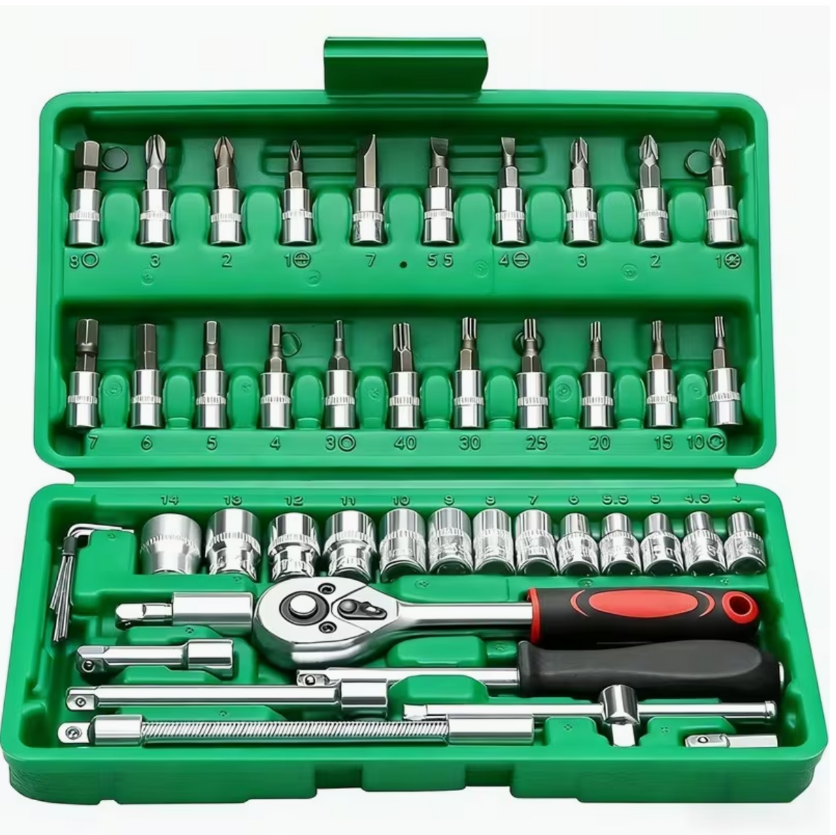 Green organizer socket set with chrome sockets and ratchet with red grip