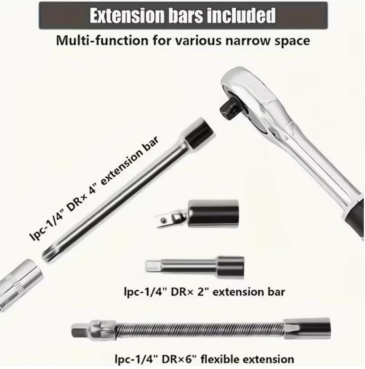 Packaging graphic showing extension bars and flexible extension for tight spaces