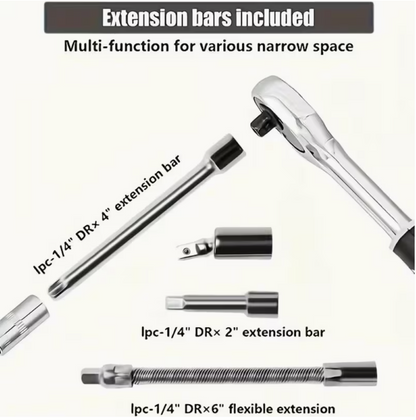 Packaging graphic showing extension bars and flexible extension for tight spaces