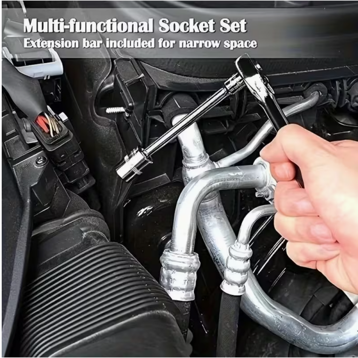 Extension socket set used on engine bay with hand tightening a fastener
