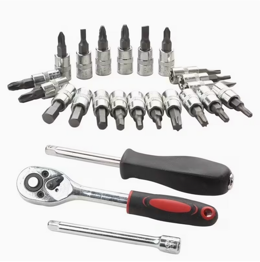 Mechanics socket repair kit with metal sockets, ratchet handle, and extension tools