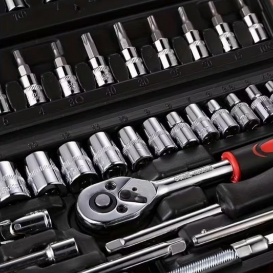 Socket set in black tray with chrome sockets and ratchet tool with red accents