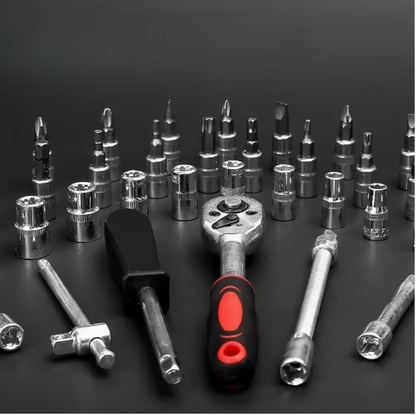 Stainless socket set with chrome bits, ratchet, and extension wrenches for repairs