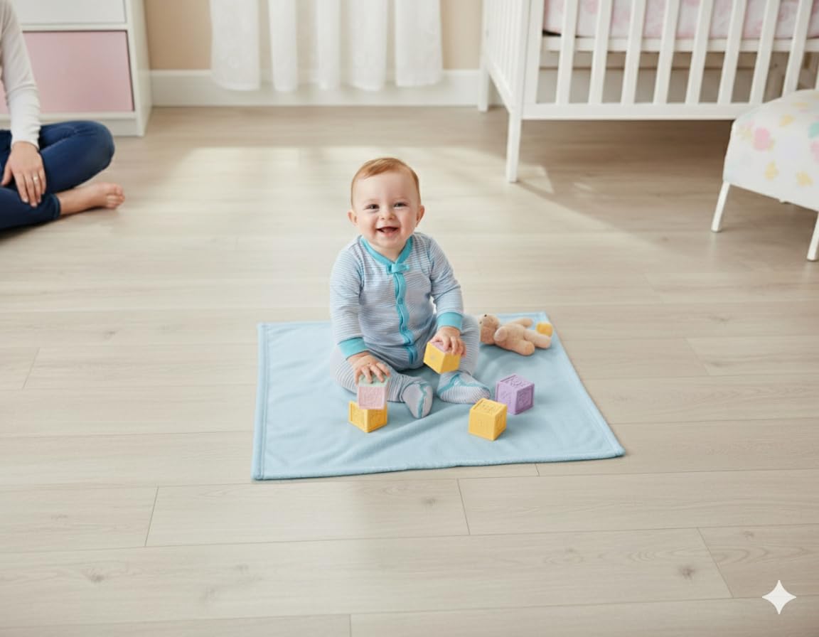 Baby fleece blanket on floor, light blue