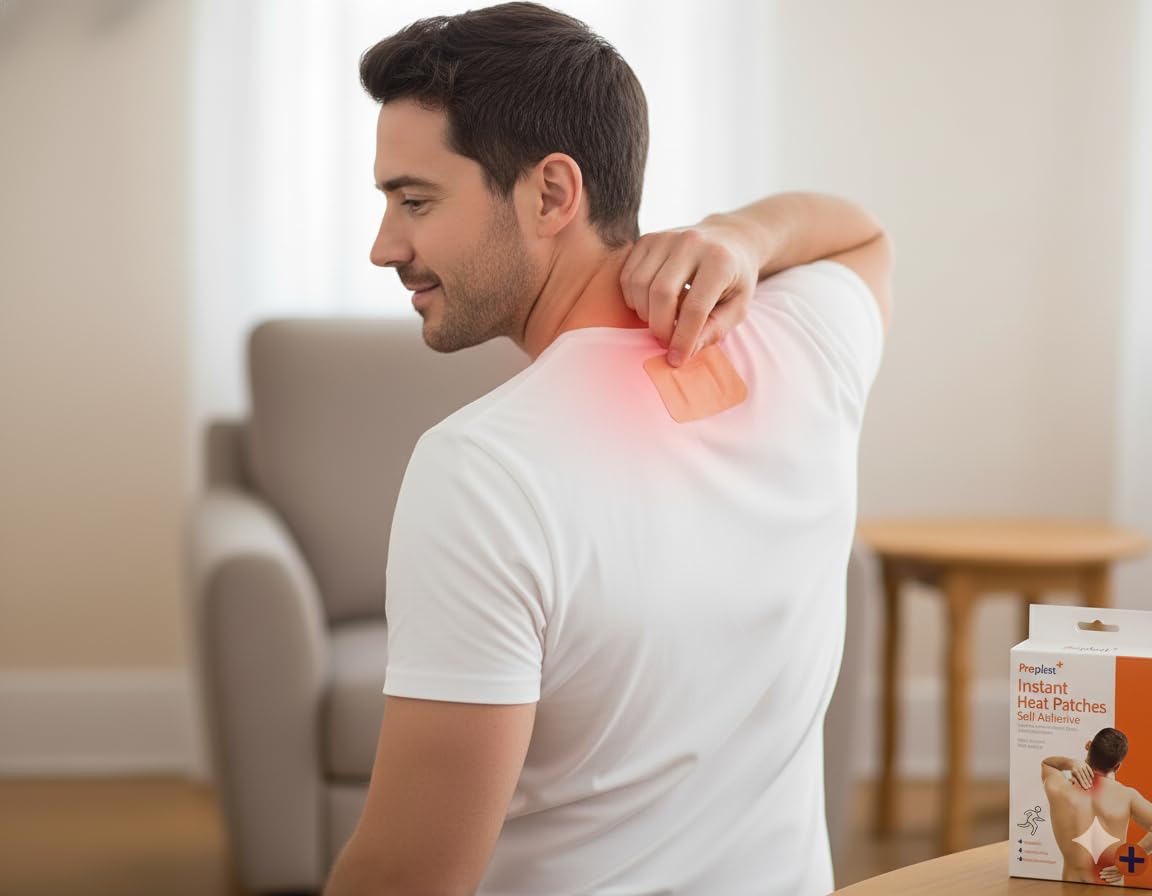Self-adhesive instant heat back patch on man’s upper back