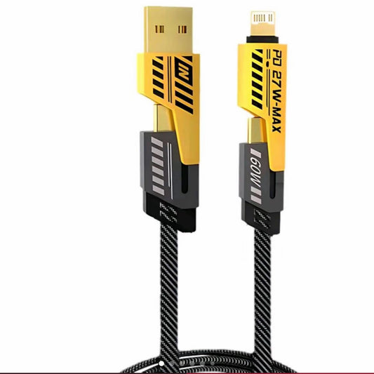 Multi-port charging cable with two connector ends: USB-A and Type-C, black braided cord