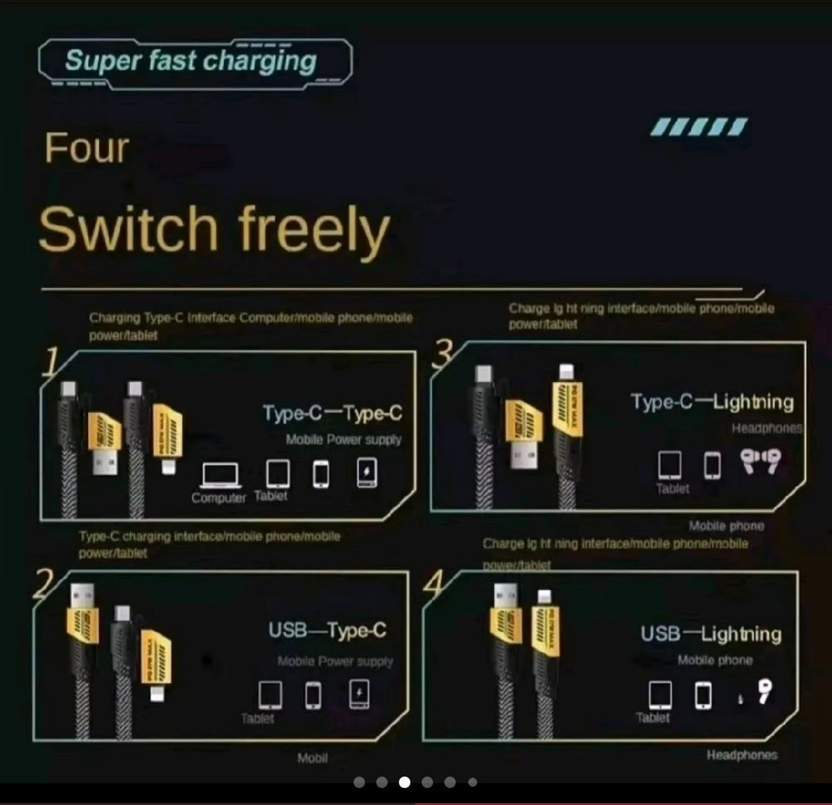 Multi-device charging cable with four connector options shown in a switchable layout