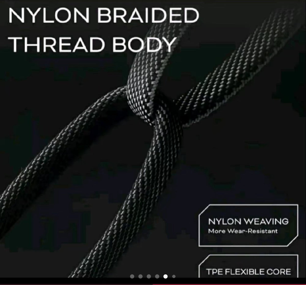 Nylon braided charging cable with black woven thread body and flexible TPE core