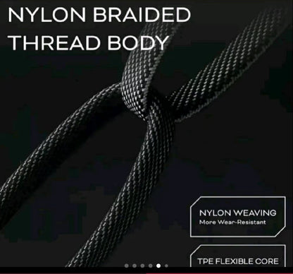 Nylon braided charging cable with black woven thread body and flexible TPE core