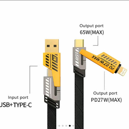 Multi-port charging cable with USB-A and Type-C connectors, black braided cord, orange ends