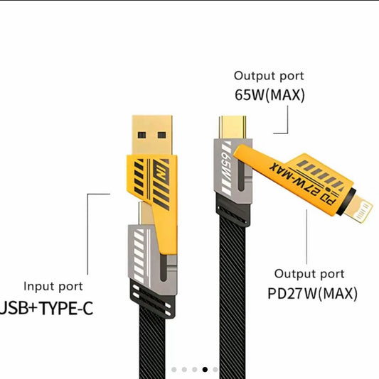 Multi-port charging cable with USB-A and Type-C connectors, black braided cord, orange ends