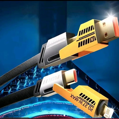 Four-in-one charging cable with dual USB connectors and black braided leads, orange accents