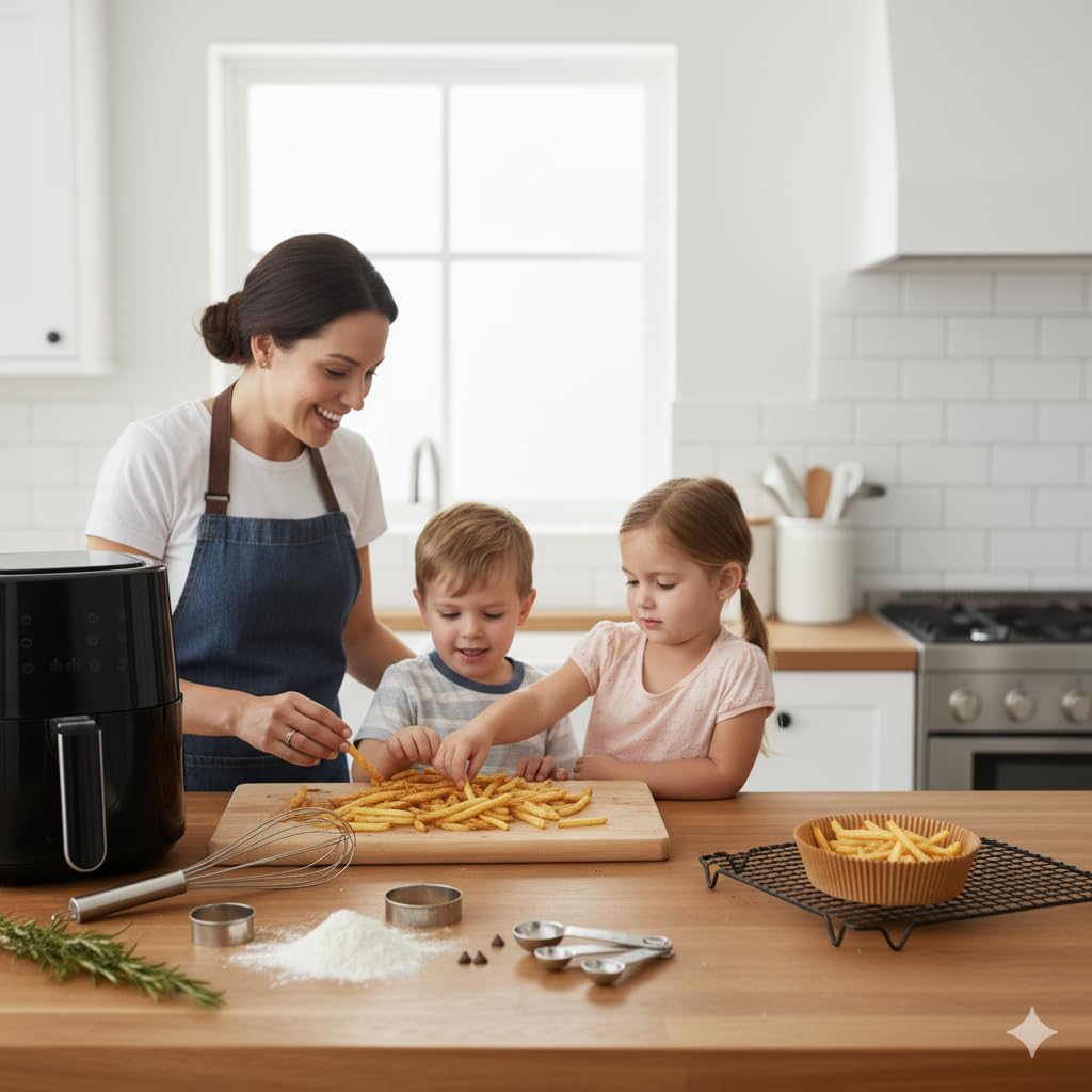 Round brown air fryer paper liner on a table during meal prep