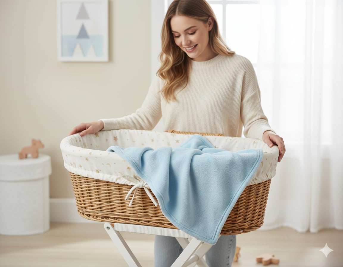 Light blue fleece baby blanket draped over a baby basket