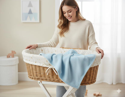 Light blue fleece baby blanket draped over a baby basket