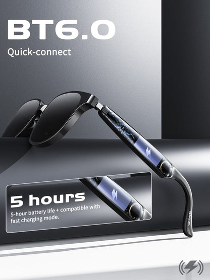 Black Bluetooth audio sunglasses with open-ear speaker arms and charging cable