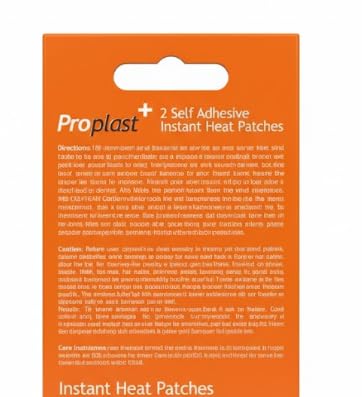 Proplast+ instant heat patches box back panel with self-adhesive details