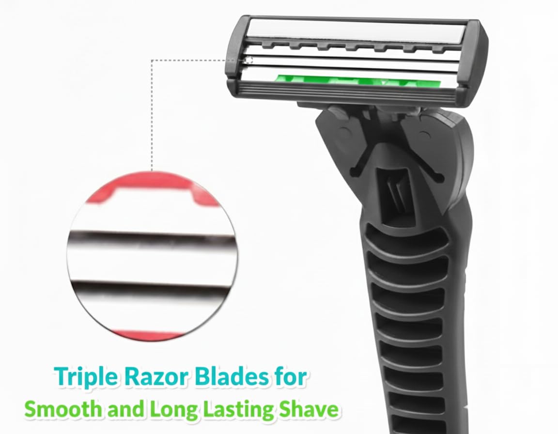 Triple-blade razor on black handle with close-up view of blade edge