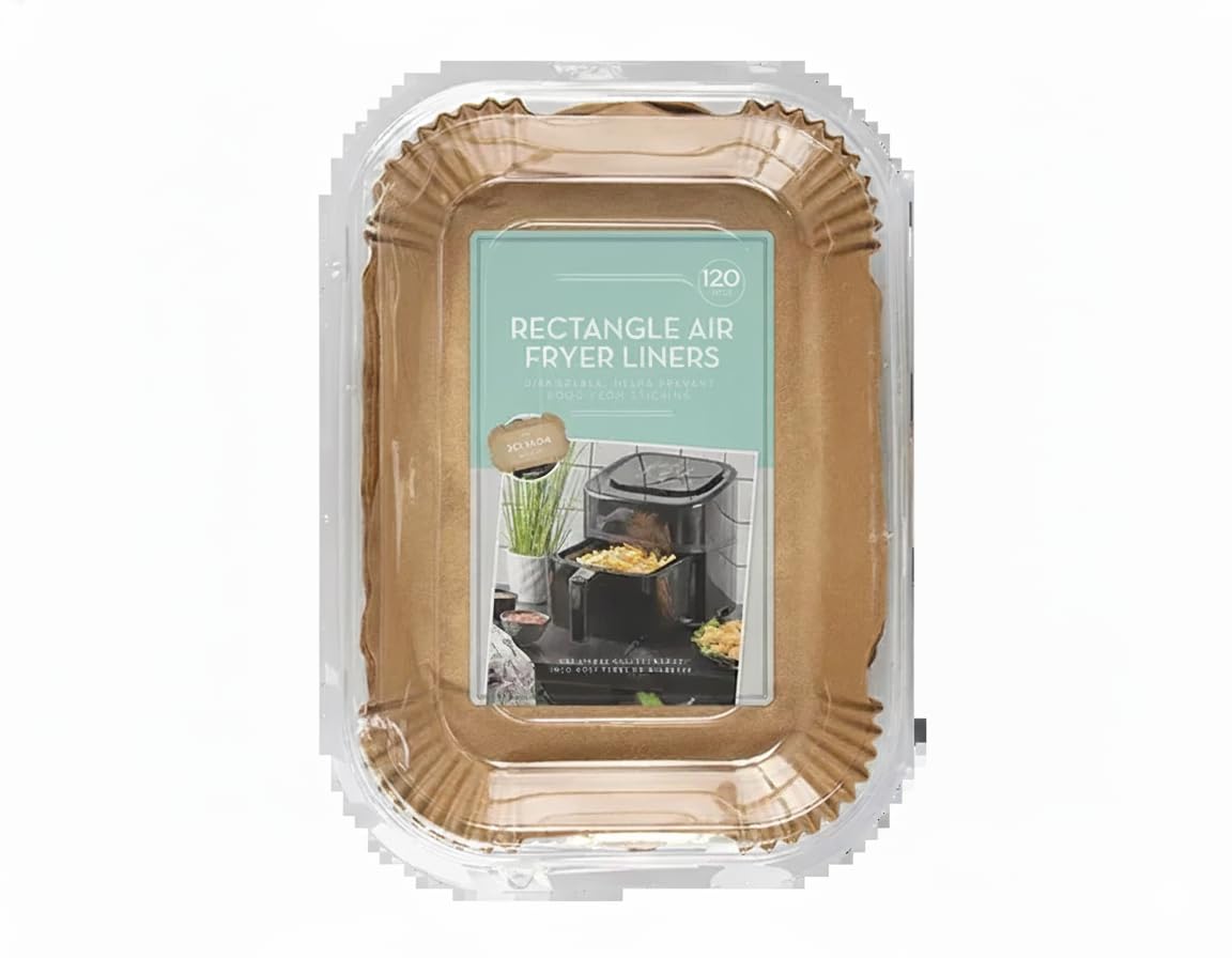 Rectangular air fryer liner, tan paper with ridged edges, disposable liner set