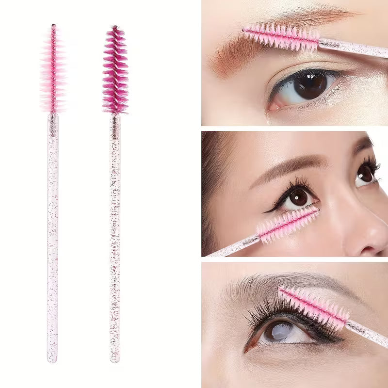 Pink disposable mascara and eyebrow applicator brush set, two slim wands with pink bristles