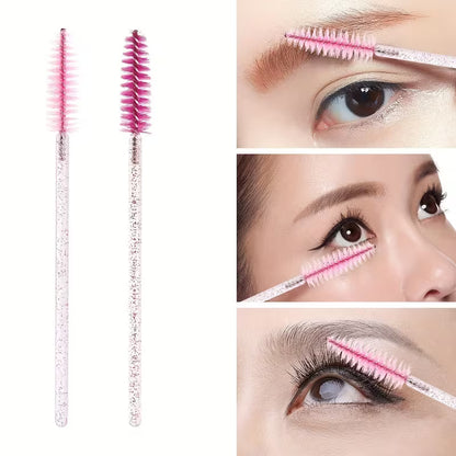 Pink disposable mascara and eyebrow applicator brush set, two slim wands with pink bristles